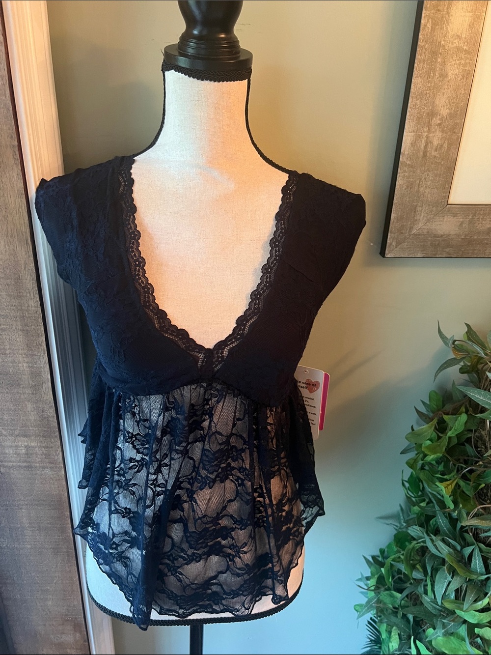 Good Days Lace V-Neck Sheer Babydoll Top - Navy